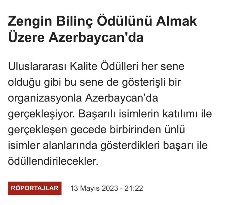 Zengin Bilinç uluslararası ödül haberi